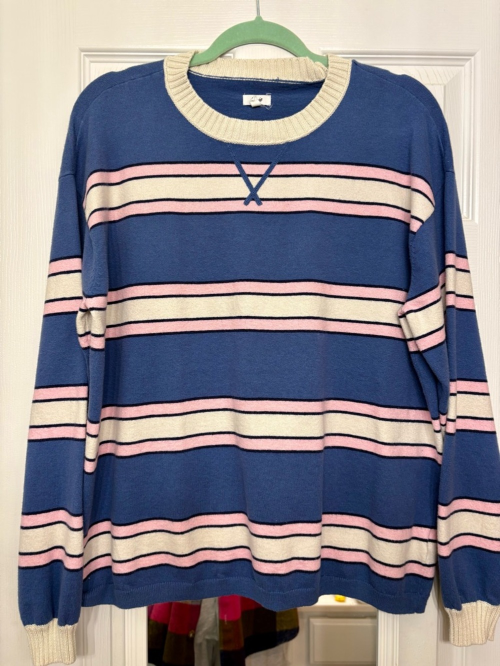 aerie Blue Crewneck Sweater with Cream & Pink Stripes